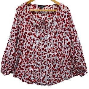 Lauren Ralph Lauren Red Floral Cotton Peasant Blouse Split Neck Lace Trim 1X